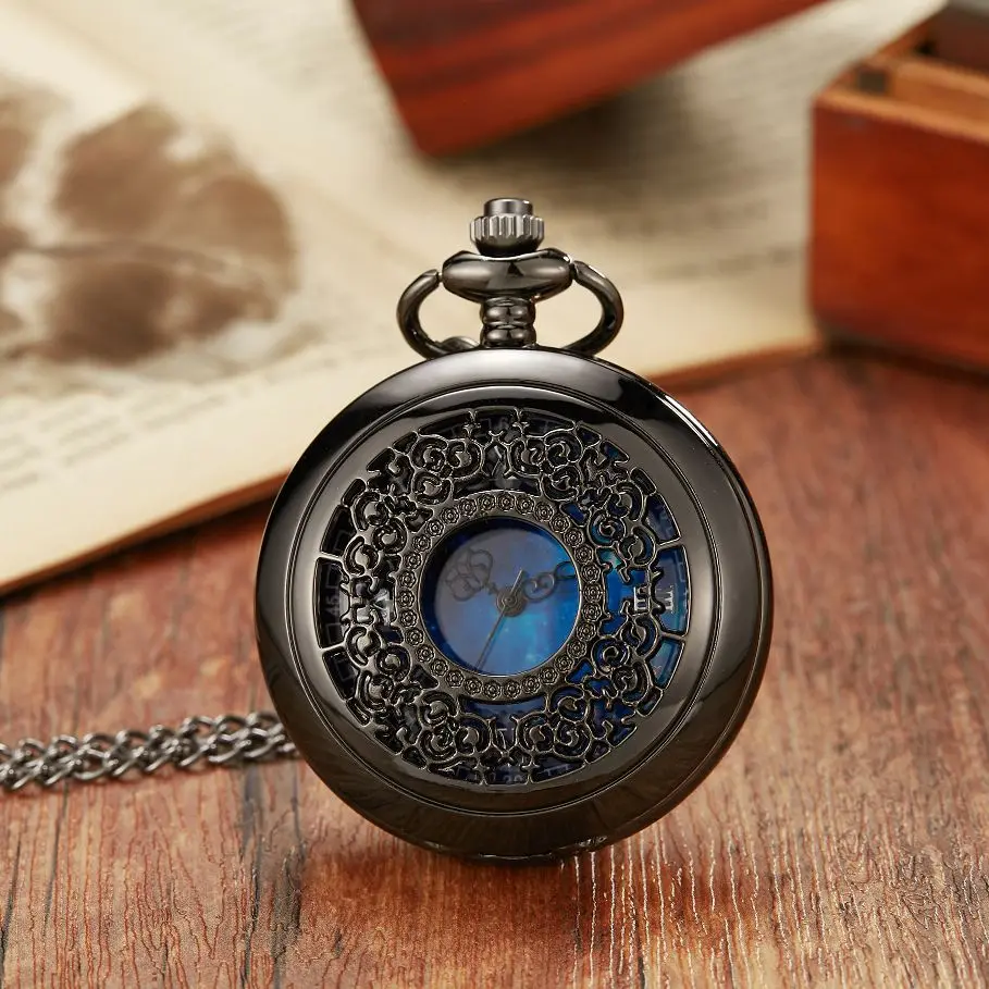 

New Starry Blue Dial Pocket Watch Roman Numerals Pendant Bronze Hollow Case Steampunk Vintage Necklace Hanging Watches Gifts