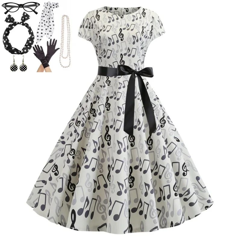 

7pc/set Woman Musical Note Print Rockabilly Dress with Jewelry Set Swing Dress 1950s 60s Hepburn Vintage Party Cocktail Dresses