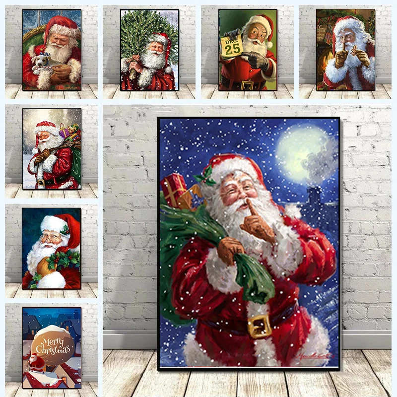 

Santa Claus Giving Gifts Christmas Snowy Night Canvas Painting Wall Art Pictures Posters Prints for Living Kids Room Home Decor