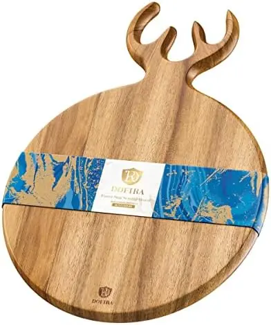 

Round Acacia Wood Cheese Charcuterie Board with Antler Handle, 12in Wooden Cutting Serving Board for Pizza Bread, Decorative Dee