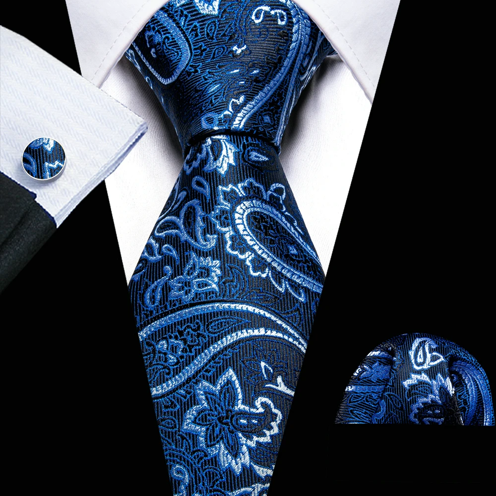 

Fashion Men Tie Set Silk Blue Paisley Necktie Handkerchief Cufflinks Wedding Business Designer Barry. Wang Tie Pin Brooches 6077