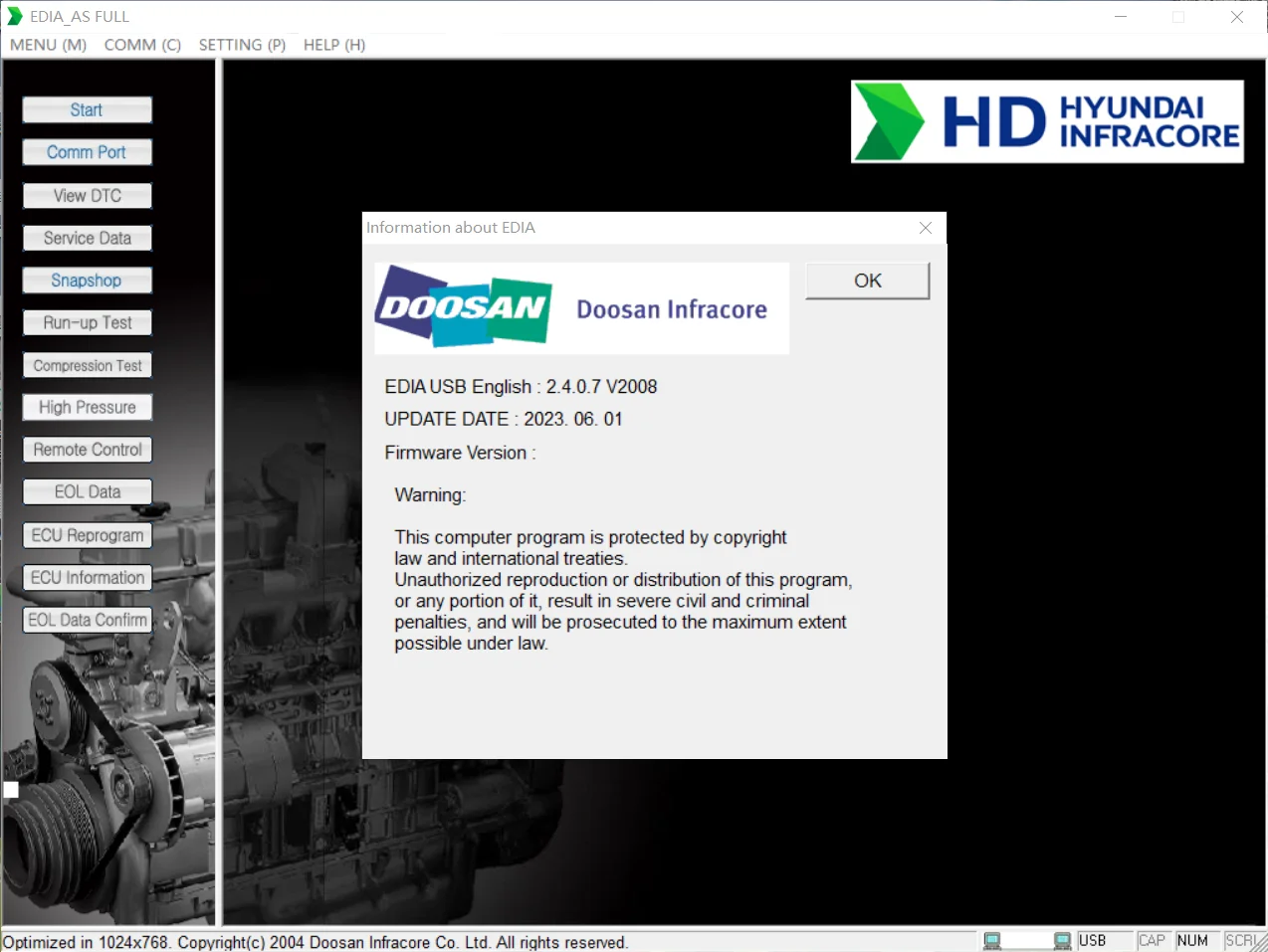 Диагностика двигателя Doosan eDoctor 2.4.0.7 (EDIA) 2023, программное обеспечение для грузовиков и автобусов, Φ + генератор ключей
Диагностика двигателя Doosan eDoctor 2.4.0.7 (EDIA) 2023, программное обеспечение для грузовиков и автобусов, Φ + генератор ключей