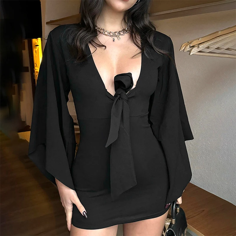 

OMSJ Sexy 2024 New Outfits For Party Vacation Solid Deep V-neck Loose Irregular Long Sleeves Strappy Short Dresses Chic Clothing