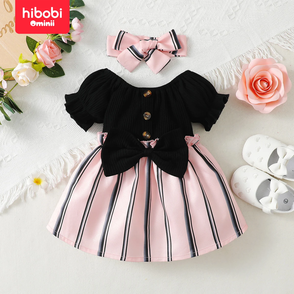 

hibobi 2-Piece Baby Girl Color-Block Striped Patchwork Bowknot Decor Short Puff Sleeve Dress & Headwrap For Babies 3-24 Months