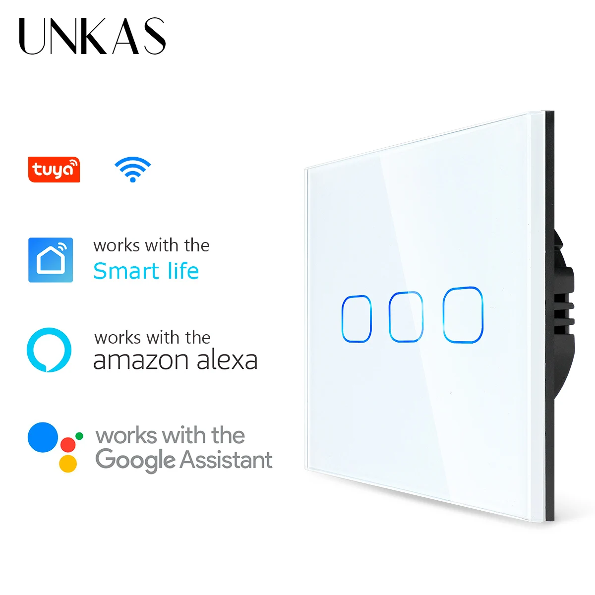 

UNKAS Smart Switches 1/2/3 Gang Wifi Touch Light Switch Wall Sensor Switches Tuya Control Smart Life Google Alexa