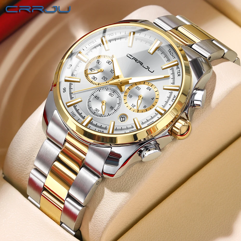

CRRJU Sports Casual Quartz Wristwatches with Chronograph Fashion Stainless Steel Men's Watch Auto Date Clock Male