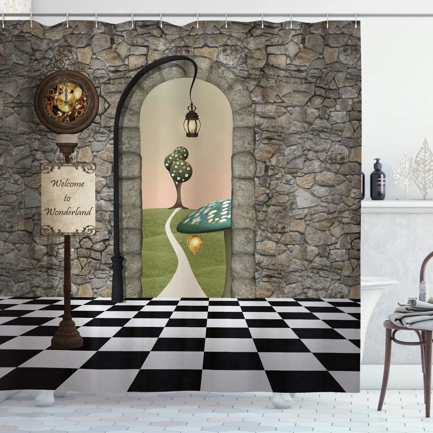 

Декоративная занавеска для душа «Алиса в стране чудес», сказочный пейзаж, искусство грибов, ткань для ванной комнаты, крючки