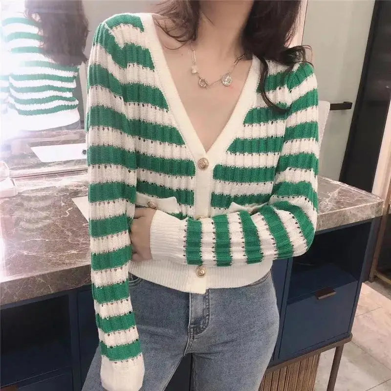 

Heavy Industry Sequins Cardigan 2023 V-Neck Small Fragrant Stripe Knitted Cardigan Western Long Sleeve Cardigan Sweater Women