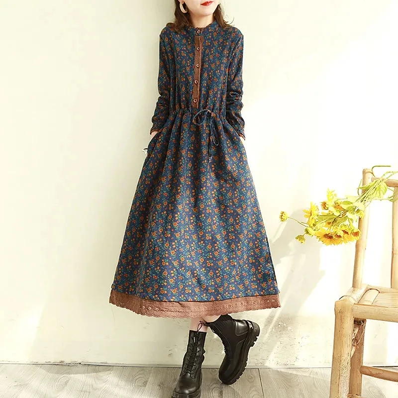 Vintage Style Floral Dress With Lace Edge Autumn Winter Add Velvet/No Velvet Thick Long A-Line Dress Cotton Print Vestido Mujer
Vintage Style Floral Dress With Lace Edge Autumn Winter Add Velvet/No Velvet Thick Long A-Line Dress Cotton Print Vestido Mujer