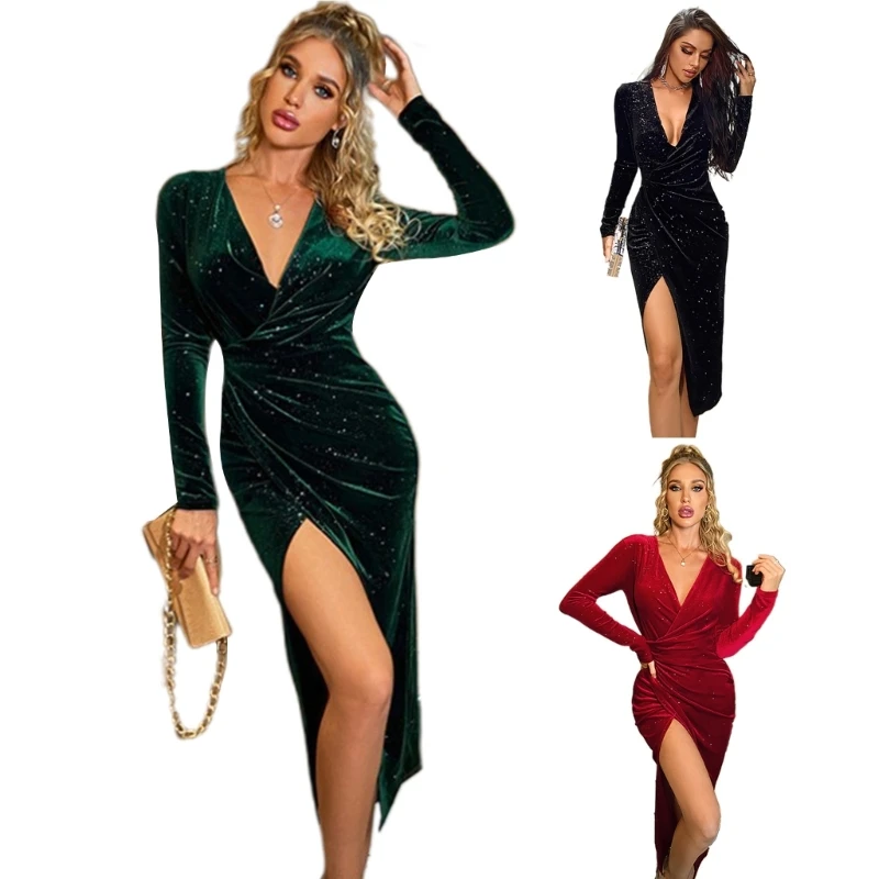 

Women Ruched Bodycon Elegant Bodycon Dress Long Sleeve Wrap Side Asymmetrical Sexy Party Dress Cocktail Party Midi Dropship