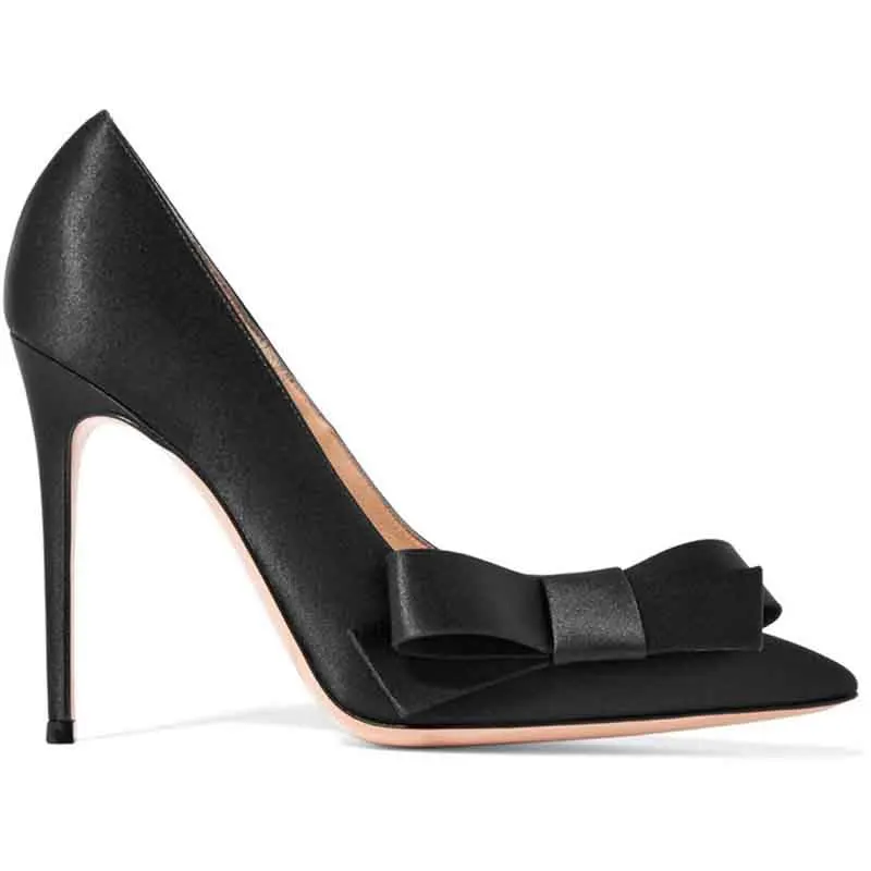 

Satin Material Bow Stiletto Pumps Black Pointed Toe Shallow High Heels Plus Size Custom Catwalk Women Shoes Zapato de Tacón