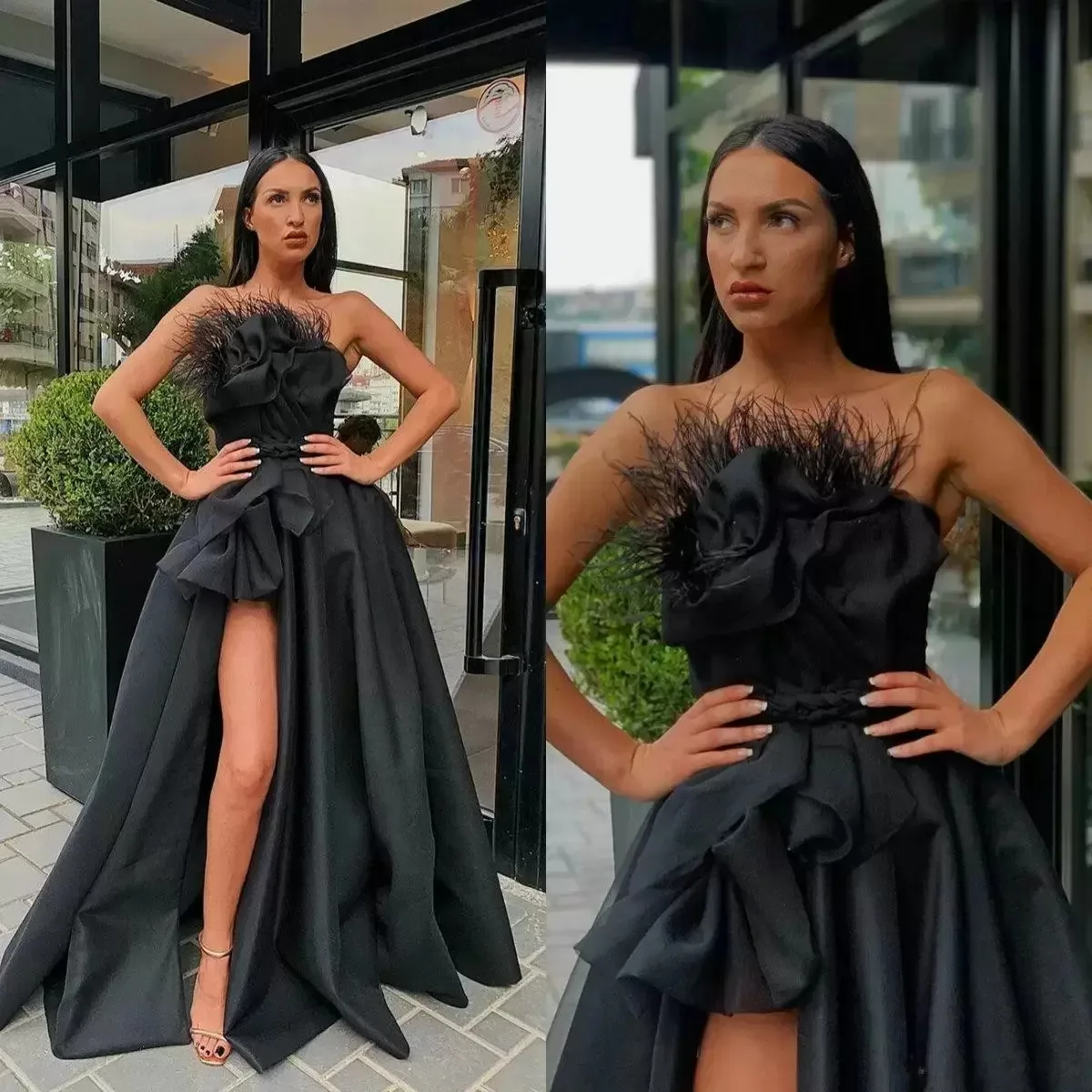 

Black A-line Prom Dress Strapless Bateau Sleeveless Feather Appliques Sequins Side Slit Satin Lace Pageant Gowns Bridal Gowns