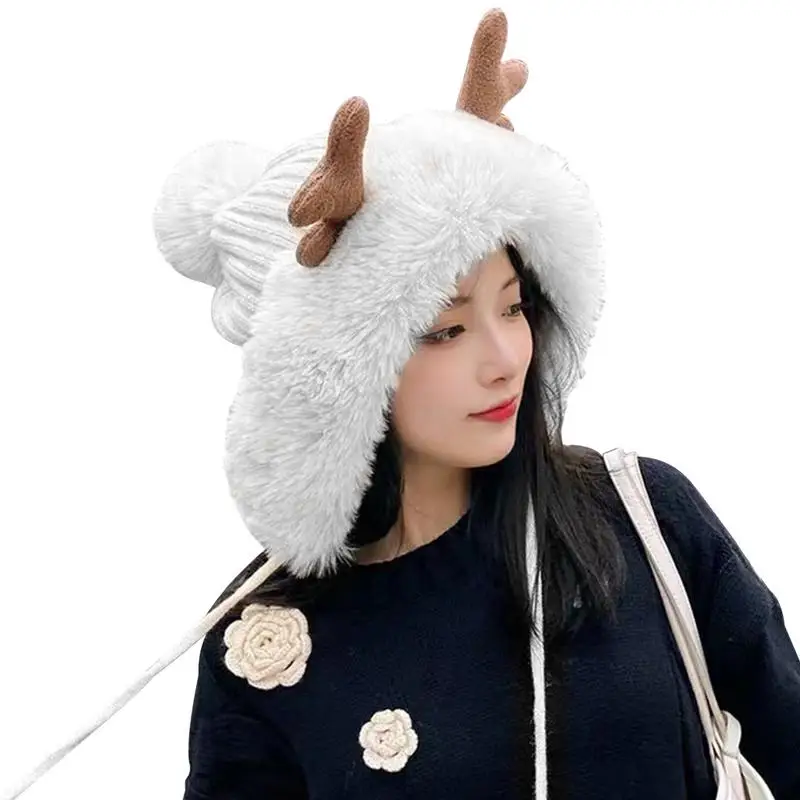 

Winter Hat With Pompoms Deer Antler Soft Ski Cap Fleece Ear Flaps Cute Ears Fluffy Knit Ear Faux Fur Crochet Slouchy Beanies For