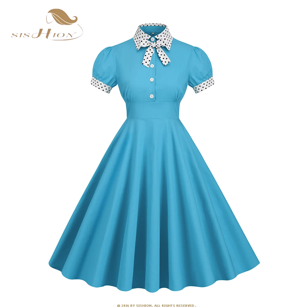 Retro Hepburn Style Women Summer Party A Line Dress Blue Yellow Bow Collar Elegant Vintage Swing Cotton Dress With Button SR513
Retro Hepburn Style Women Summer Party A Line Dress Blue Yellow Bow Collar Elegant Vintage Swing Cotton Dress With Button SR513