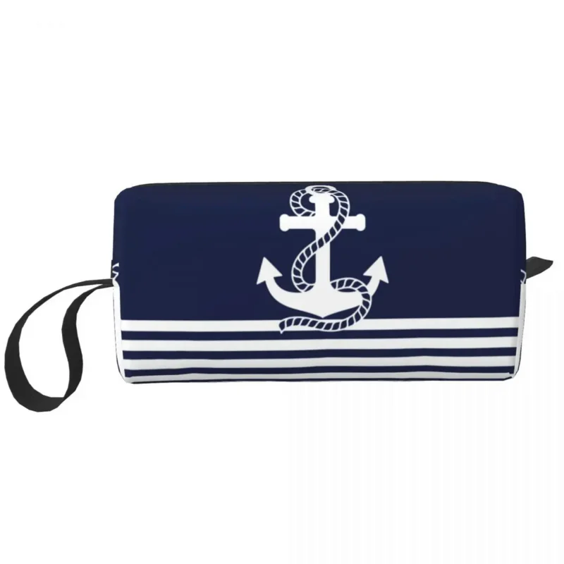 

Nautical Navy Blue Anchor Large Makeup Bag Zipper Pouch Travel Cosmetic Bags Ships Marine Ocean Portable Toiletry Bag for Women