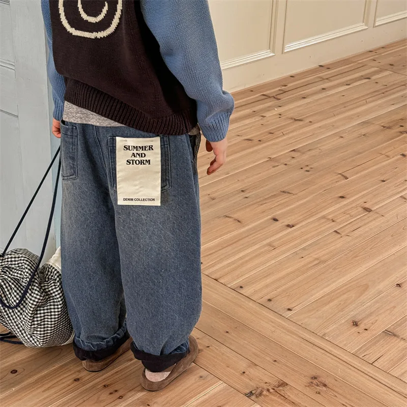 2025 Winter New Children Plus Velvet Thick Jeans Letter Print Girls Trousers Baby Boy Fleece Denim Pants Kids Warm Pants 8 Sb393d333c941495ba8acbcc3bb5be6b5X
