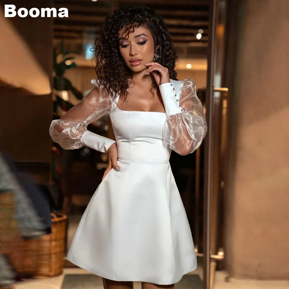 

Booma Short Wedding Party Dresses Square Collar Long Puff Sleeves Mini Brides Gowns for Women Button A-Line Cocktail Dress