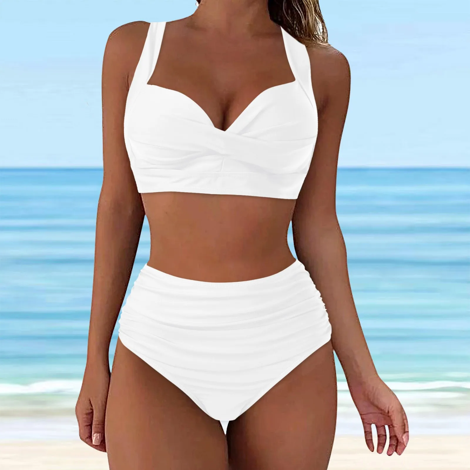 Sexy Solid Bikini Women High Waist Swimwear Female V Neck Swimsuit
