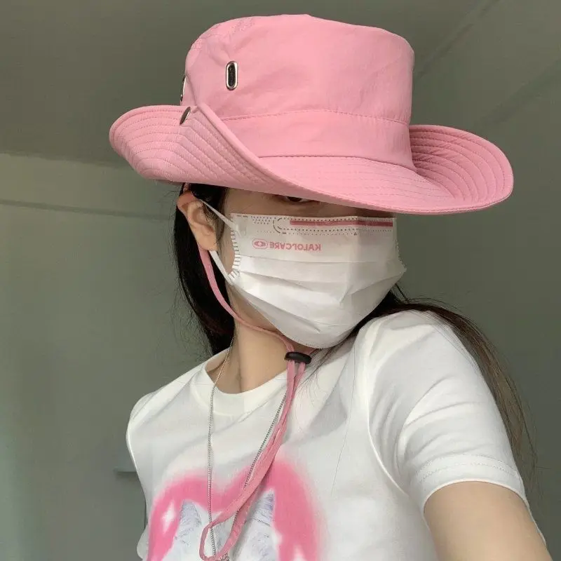 

2023 Pink Hiking Hat Women's Summer Travel Western Cowboy Hats Men's Big Brim Outdoor Sunshade Sun Protection Bucket Cap Gorras