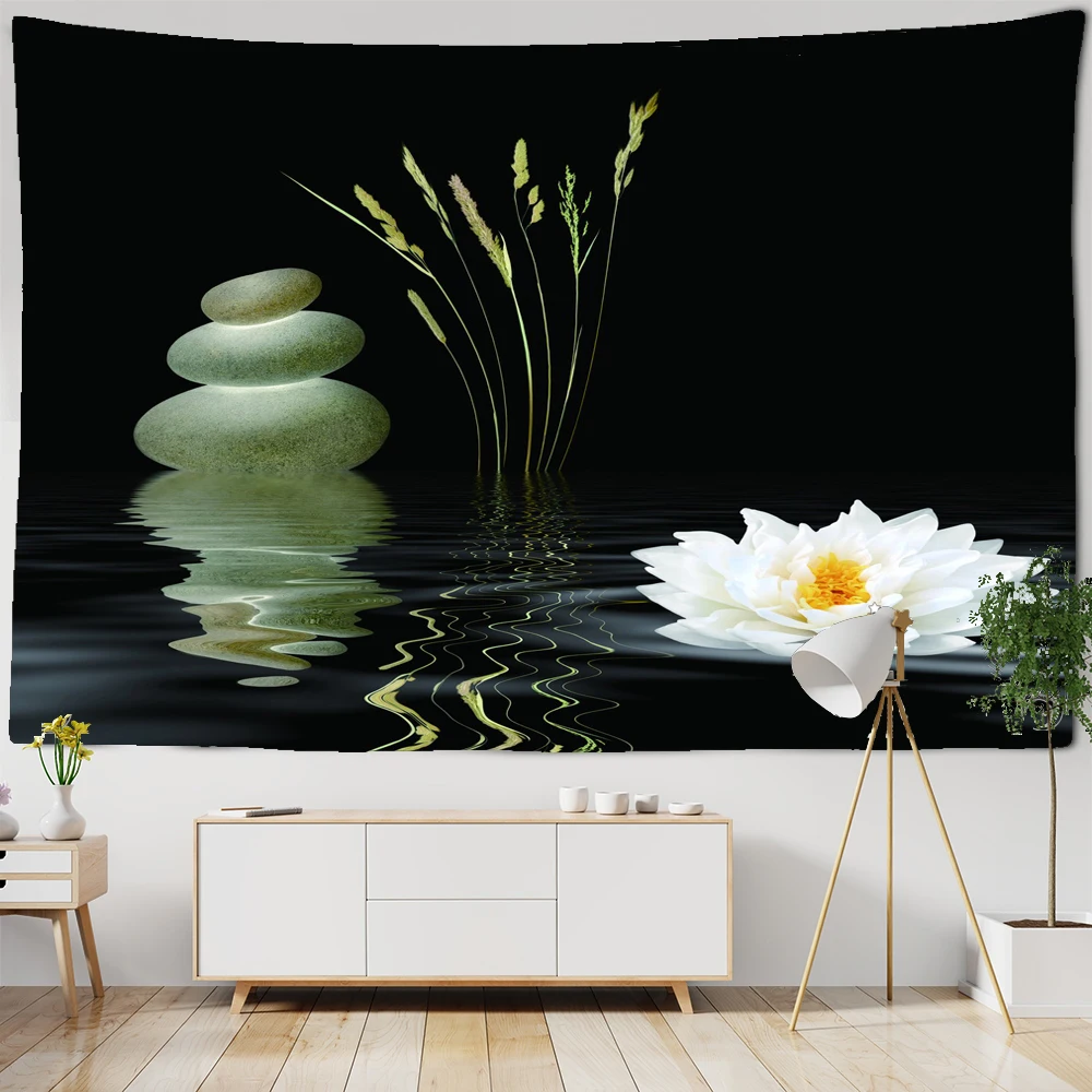 

Zen Stone Tapestry Wall Hanging Flower Plant Running Water and Water lily Wall tapestry Beach Towel Picnic Blanket Yoga Mat