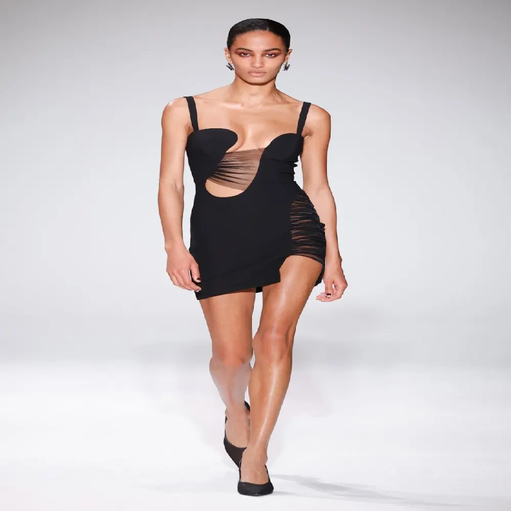 

New Style Women Black Short Sexy Gauze Embellished Hollow Out Backless Spaghetti Strap Dress Club Birthday Party Gown 2023Summer