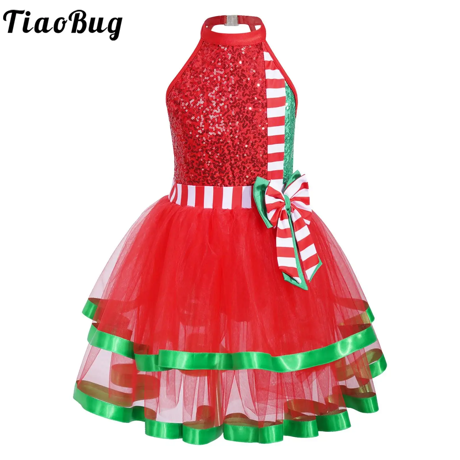 

Kids Girls Christmas Party Dress Sleeveless Skating Dance Performance Costume Sequins Bow Stripes Ballet Tutu Leotard Dancewear