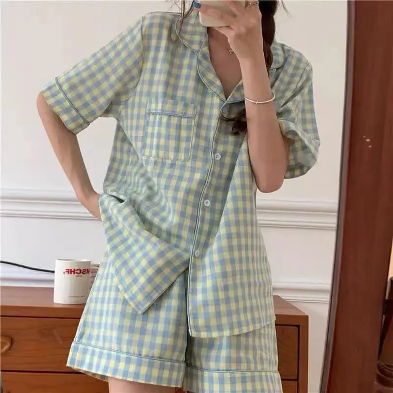 Plaid Women Sleepwear Pajamas Shorts Sets Japan Style Pijama Loungewear Pocket Summer Two Piece Set Night Wear Home Suit 2023
Plaid Women Sleepwear Pajamas Shorts Sets Japan Style Pijama Loungewear Pocket Summer Two Piece Set Night Wear Home Suit 2023
