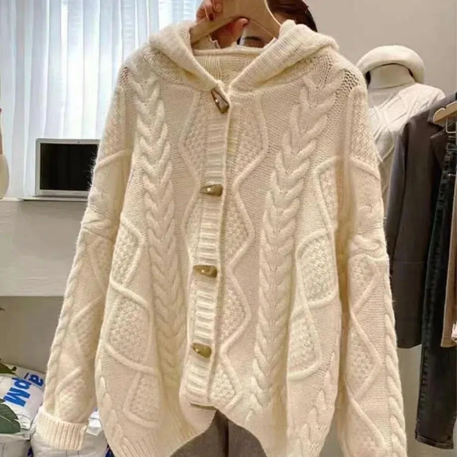 

Retro Horn Buttons Loose Hooded Sweater Coat Women's Autumn Winter Cardigans College Soft Waxy Off White Twist Knitted Sweaters