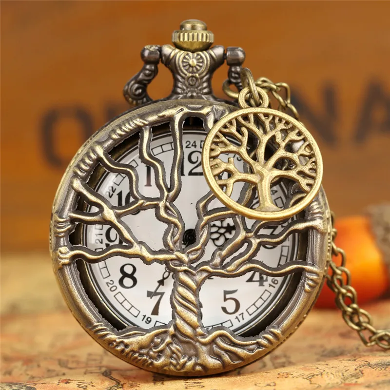 

Old Fashion Hollow-Out Tree Cover Half Hunter Quartz Analog Pocket Watch with Sweater Necklace Chain Pendant Accessory Gift