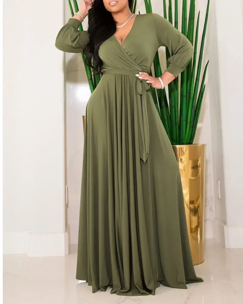 

Plus size Womens Elegant Dress Commuting OL Solid Color Pullover V-neck High Waisted Tie Details Pleated Wrap Buttock Maxi Dress