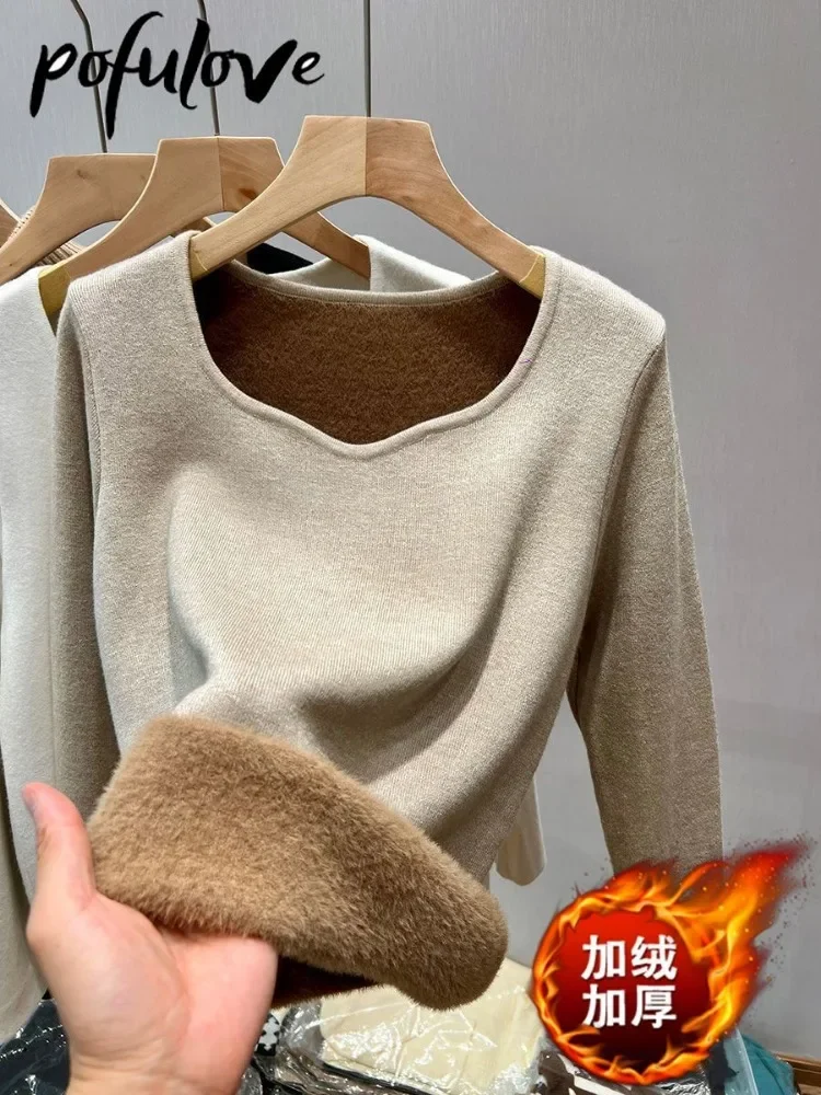 Fleece Thickened Knitted Sweaters Women Solid Color Thermal Underwear Tops Female Winter Fashion Low-neck Bottoming Shirts
Fleece Thickened Knitted Sweaters Women Solid Color Thermal Underwear Tops Female Winter Fashion Low-neck Bottoming Shirts