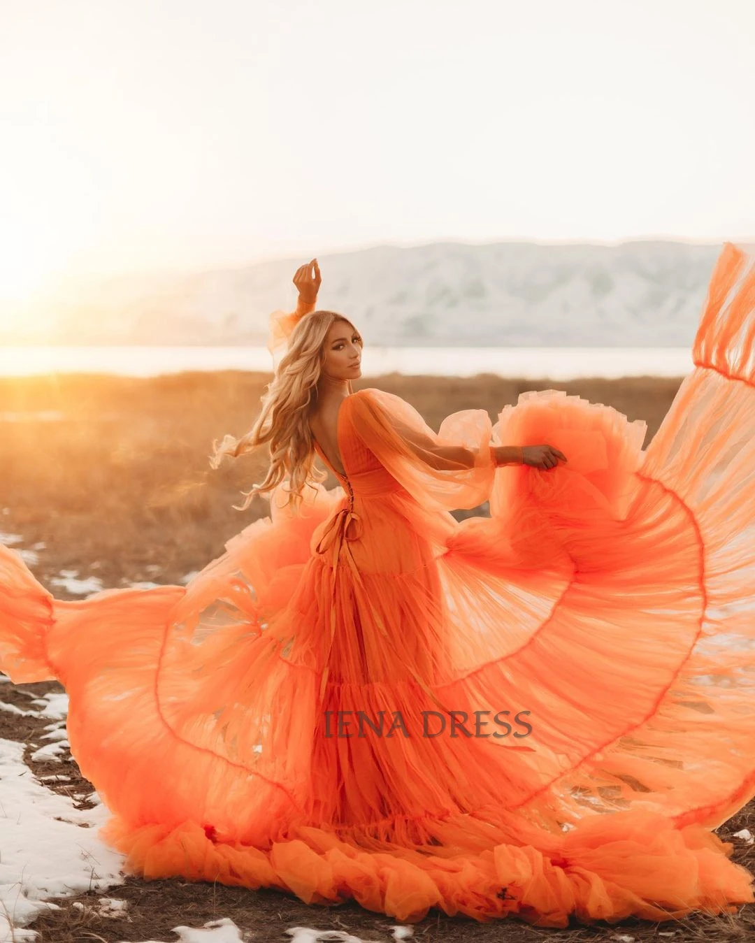 

Large Train Orange Red Tulle Photography Dress with Deep V-neck Corset Open Back Wedding Evening Party Gown for Women Photoshoot