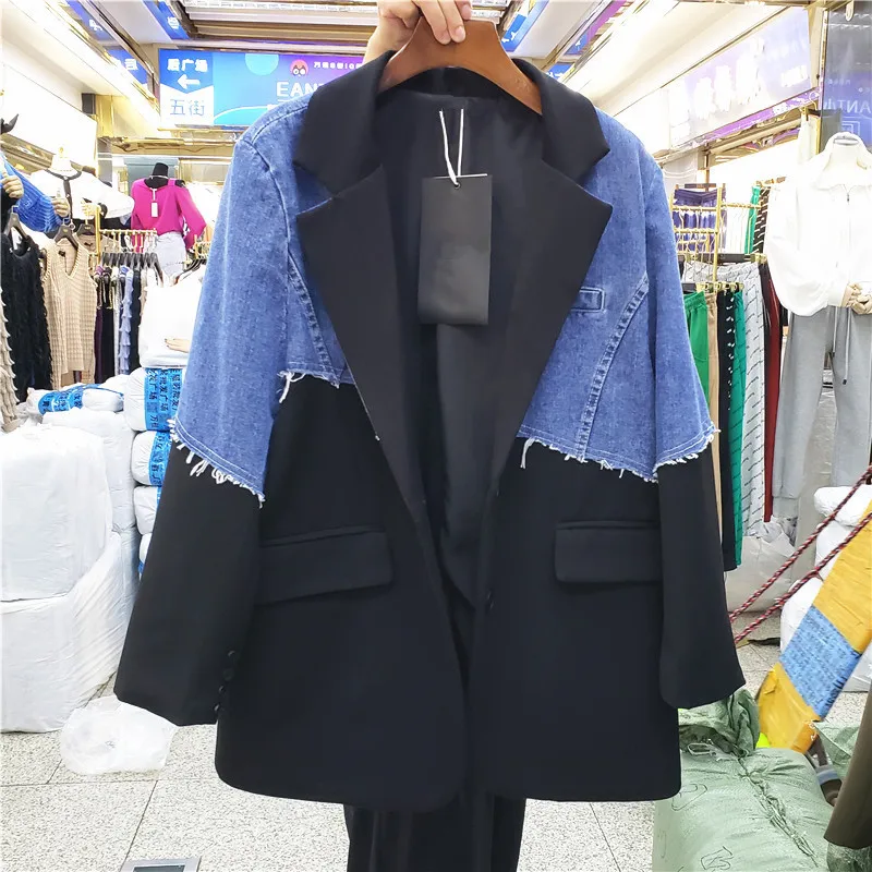 Vintage Denim Patchwork Blazer Jacket Women Big Pocket Long Sleeve Outerwear Female Loose Mid Length Jeans Splicing Suit Coat
Vintage Denim Patchwork Blazer Jacket Women Big Pocket Long Sleeve Outerwear Female Loose Mid Length Jeans Splicing Suit Coat