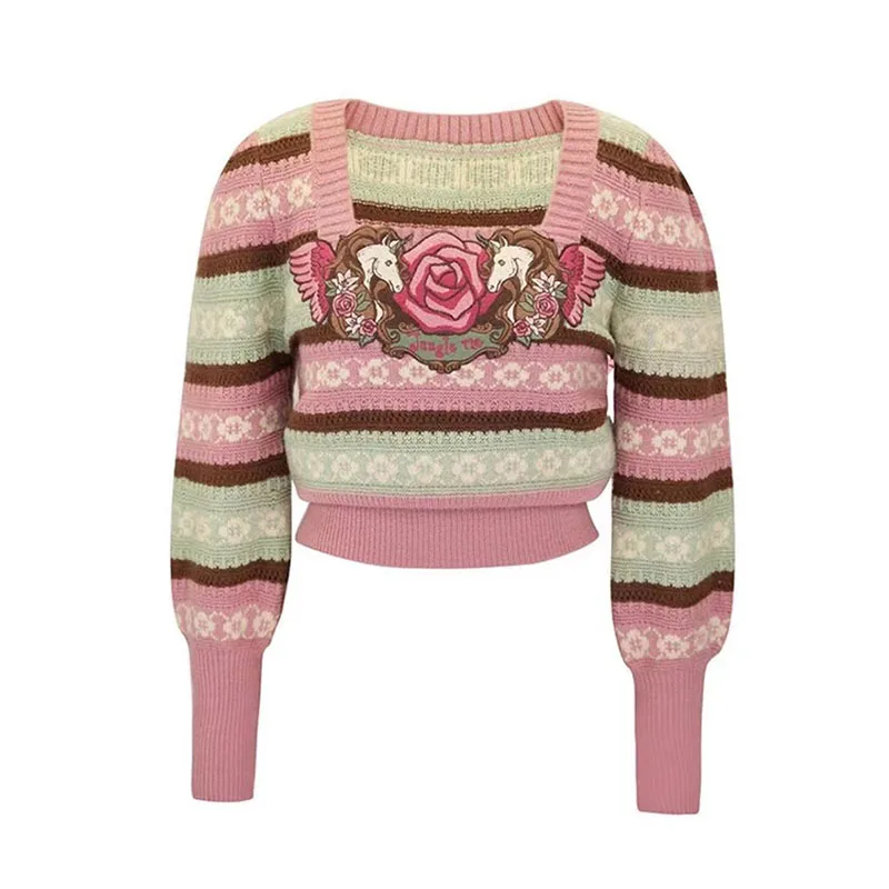 Vintage Square Collar Woman Sweater Pullovers Cartoon Embroidery Knitwear Jumper Female Long Sleeve Casual Women Sweater Spring
Vintage Square Collar Woman Sweater Pullovers Cartoon Embroidery Knitwear Jumper Female Long Sleeve Casual Women Sweater Spring