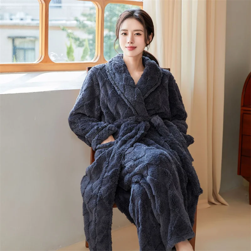 

Women Winter Sleepwear Plaid Bath Gown Thicken Coral Fleece Robe&pant Warm Peignoirs Shower Robes for Lady Loose Kimono Bathrobe