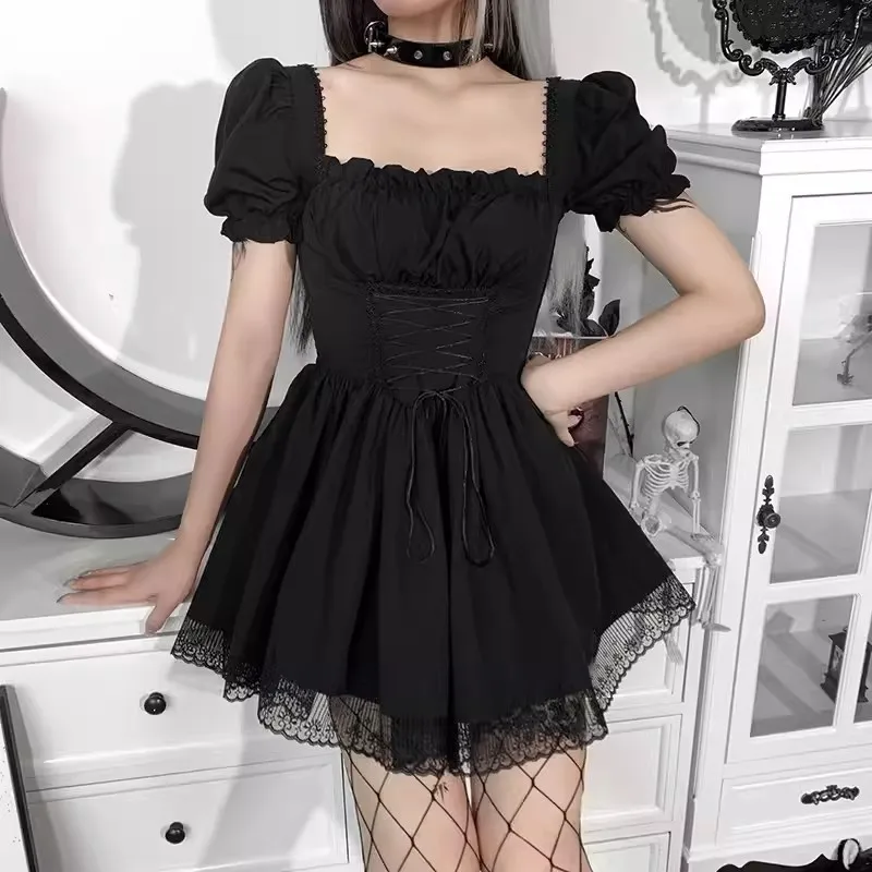 

ReddaChic Gothic Lace Frill Trim Mini Dress Women Retro Puff Short Sleeves Square Neck Lace Up Ruffle Lolita Desire One-piece