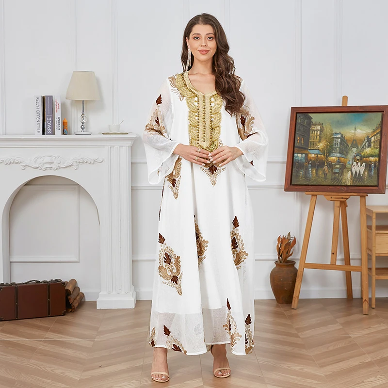 Женское белое платье Дубай абайя мусульманский О-образный вырез вышивка скромное арабское роскошное 2024 элегантное Свободное длинное платье макси 
Женское белое платье Дубай абайя мусульманский О-образный вырез вышивка скромное арабское роскошное 2024 элегантное Свободное длинное платье макси