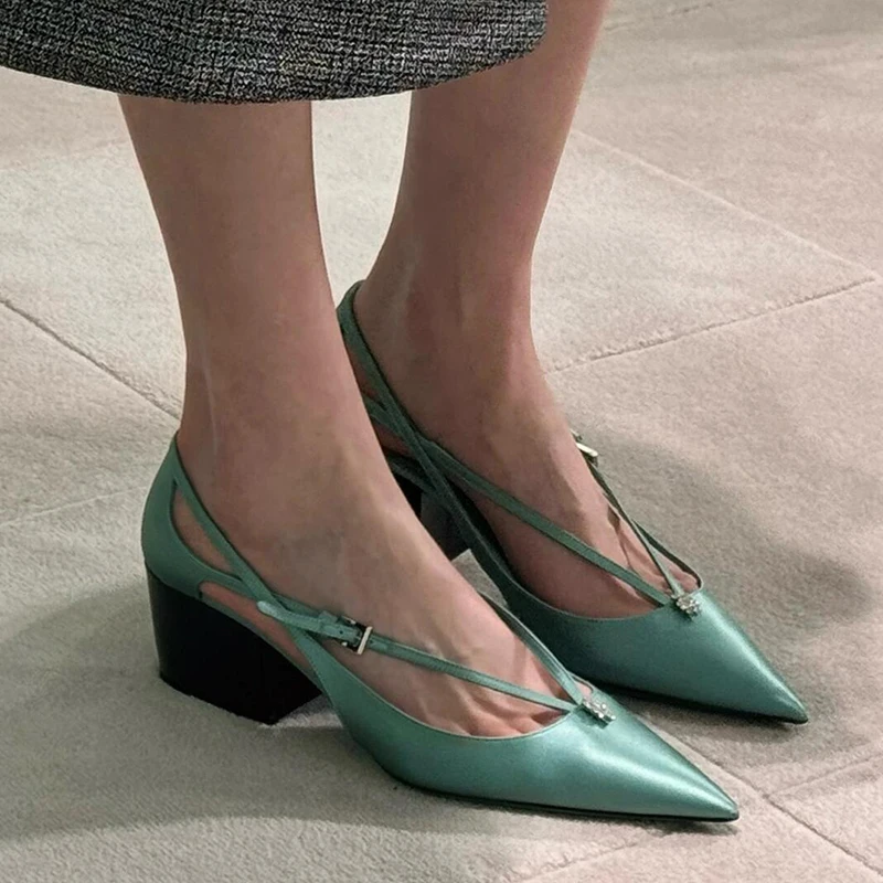

Pointy Toe Satin Sandals Block Heels Rhinestone Decor Fashion Women Strappy Pumps Cover Heels Elegant Party Dress Shoes