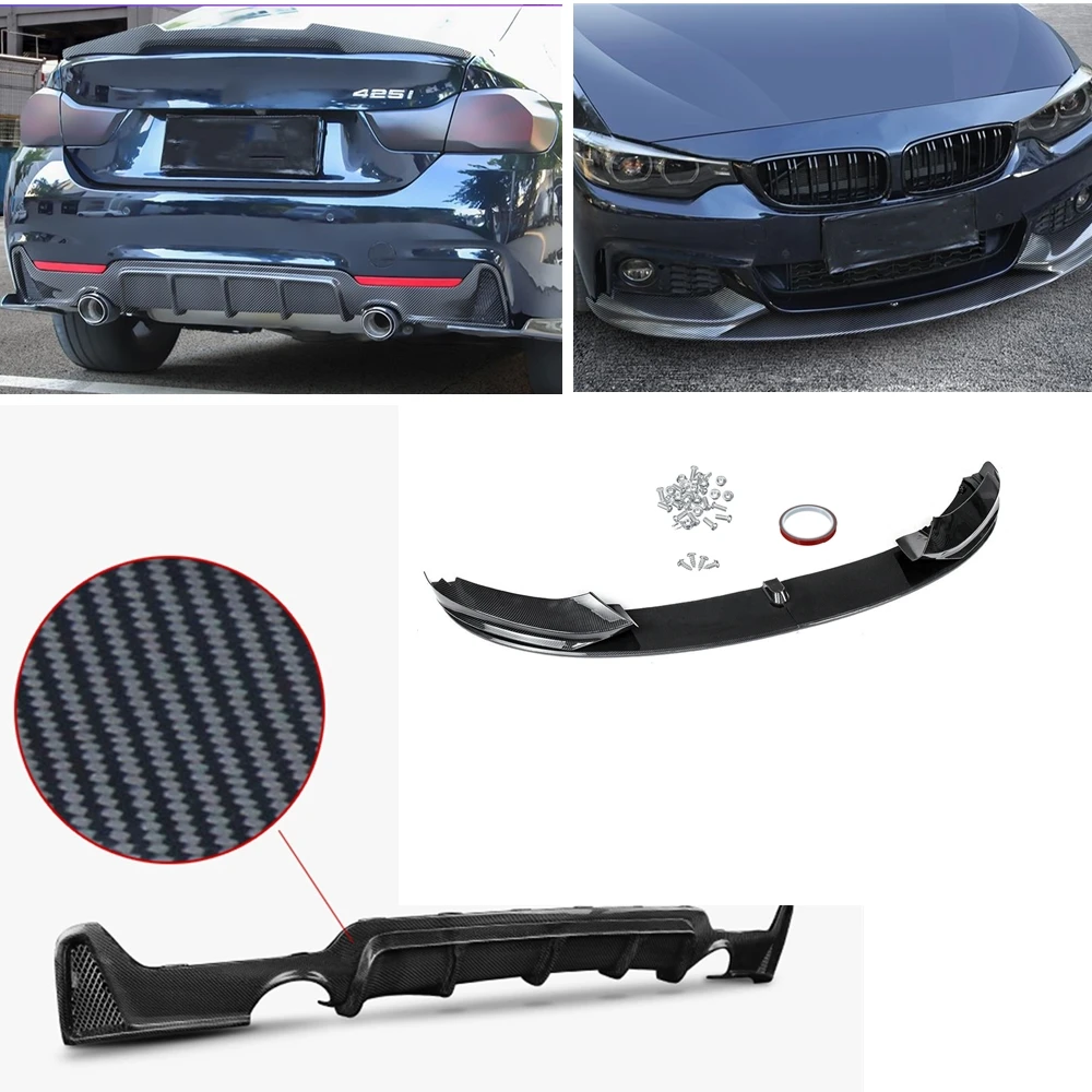 

For BMW F32 F33 F36 4 Series 435i M Sport 2014-2020 ABS Carbon Fiber Look Front Bumper Spoiler Blade Lip+Rear Diffuser Splitter