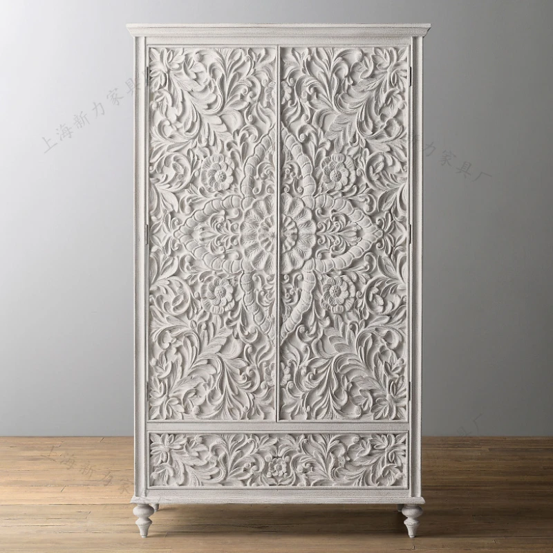 White retro vintage Thai style solid wood carved double door wardrobe Southeast Begonia flower 
White retro vintage Thai style solid wood carved double door wardrobe Southeast Begonia flower