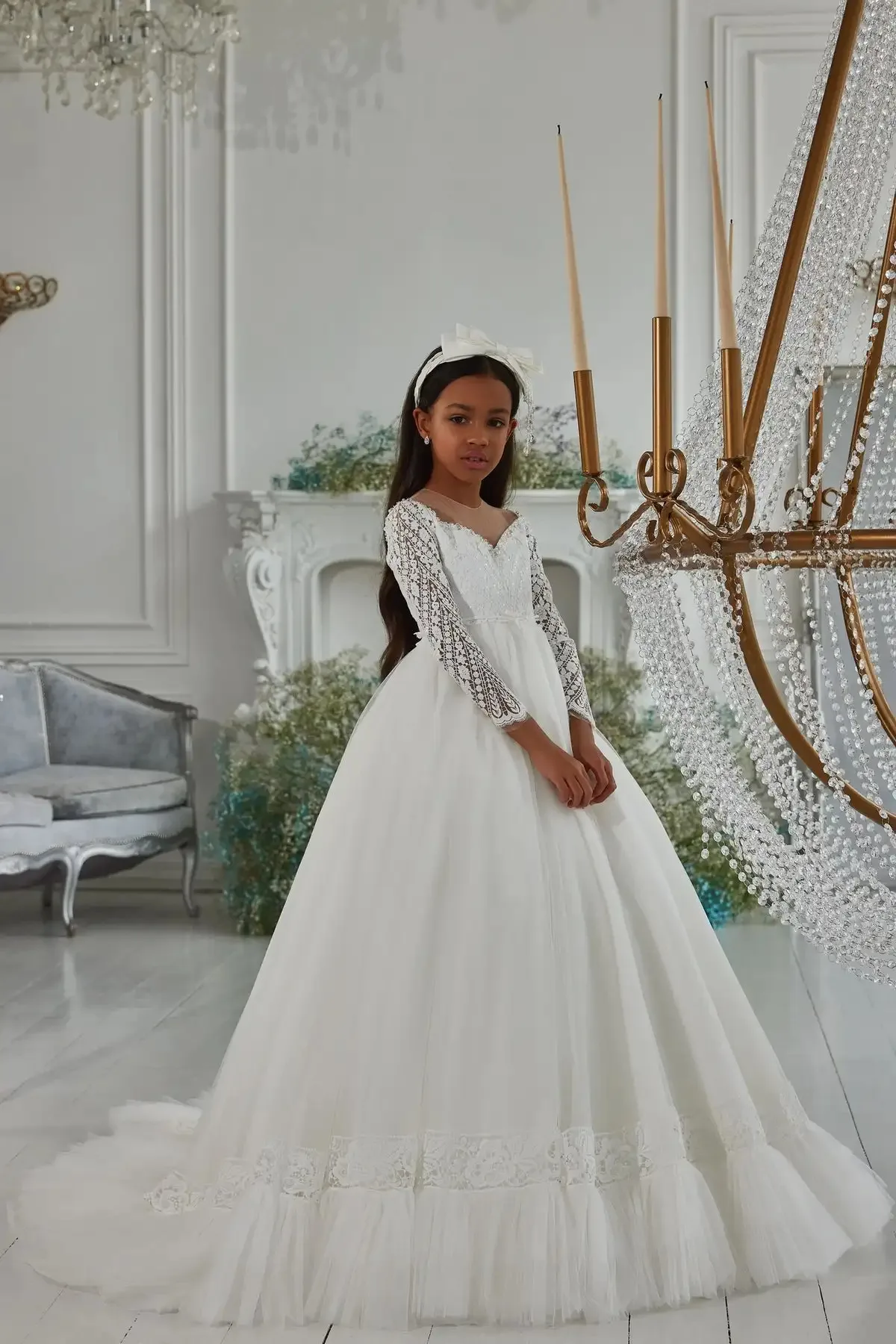 

Long Sleeve White Ivory Flower Girl Dresses High Neck for Wedding Guest Kids Bridesmaid Dress Lace Satin First Communion