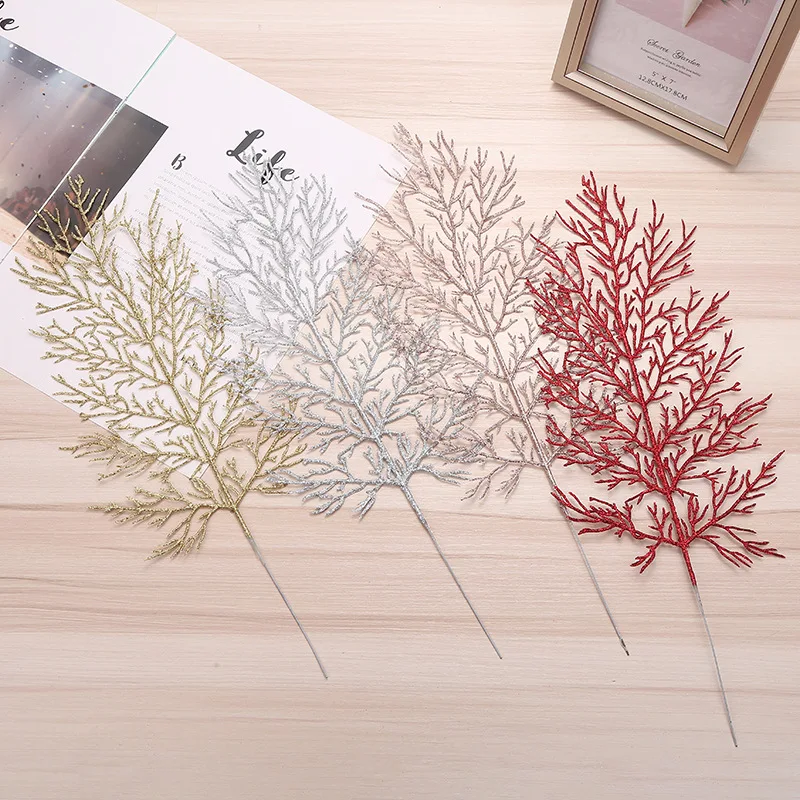 

12pcs Simulated Plants Pine Branches and Leaves Christmas Decoration Artificial Plastic Glitter Leaves Party Festival Decoration