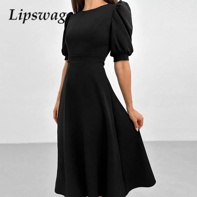 

Женское платье с круглым вырезом, однотонное элегантное приталенное платье с рукавами-фонариками, весна-лето 2024