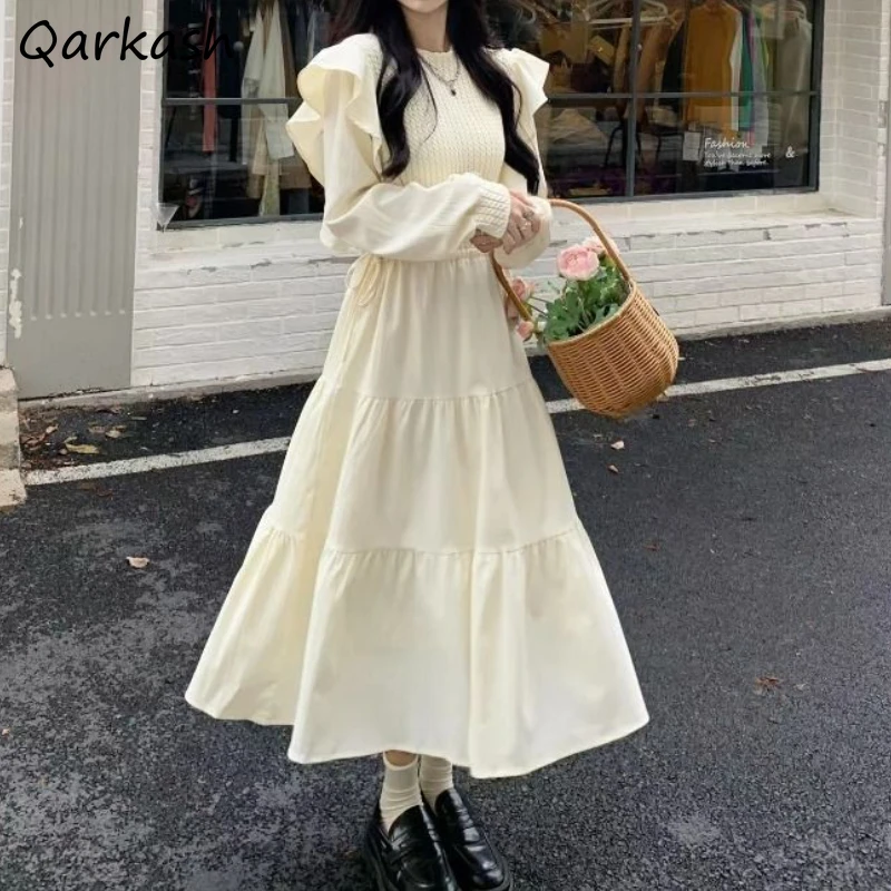 

Temper Midi Dress Women Ruffles Aesthetic Baggy Vacation Solid Vestidos French Style Autumn All-match Minority Sweet Feminino