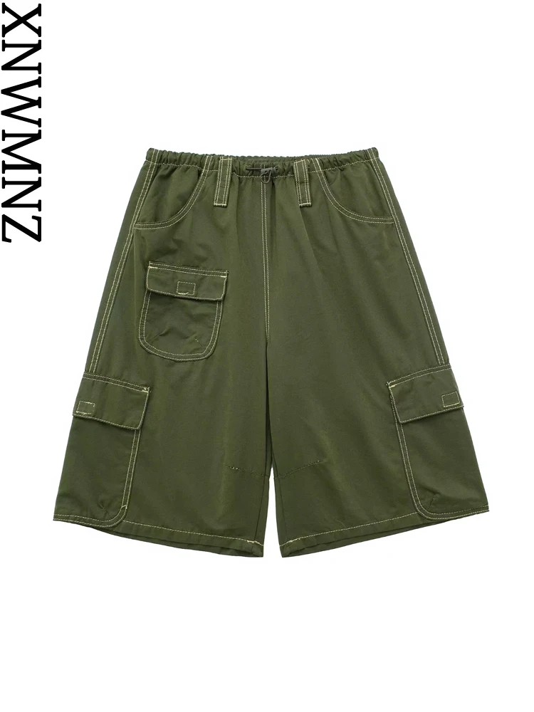

XNWMNZ 2023 Women Fashion Pocket Bermuda Shorts High Street Elastic Mid Waist Contrast Seam Casual Versatile Female Long Shorts