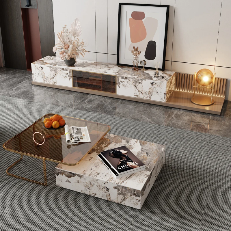 

Luxury slate tea table TV cabinet High-grade living room retractable size combination Modern simplicity