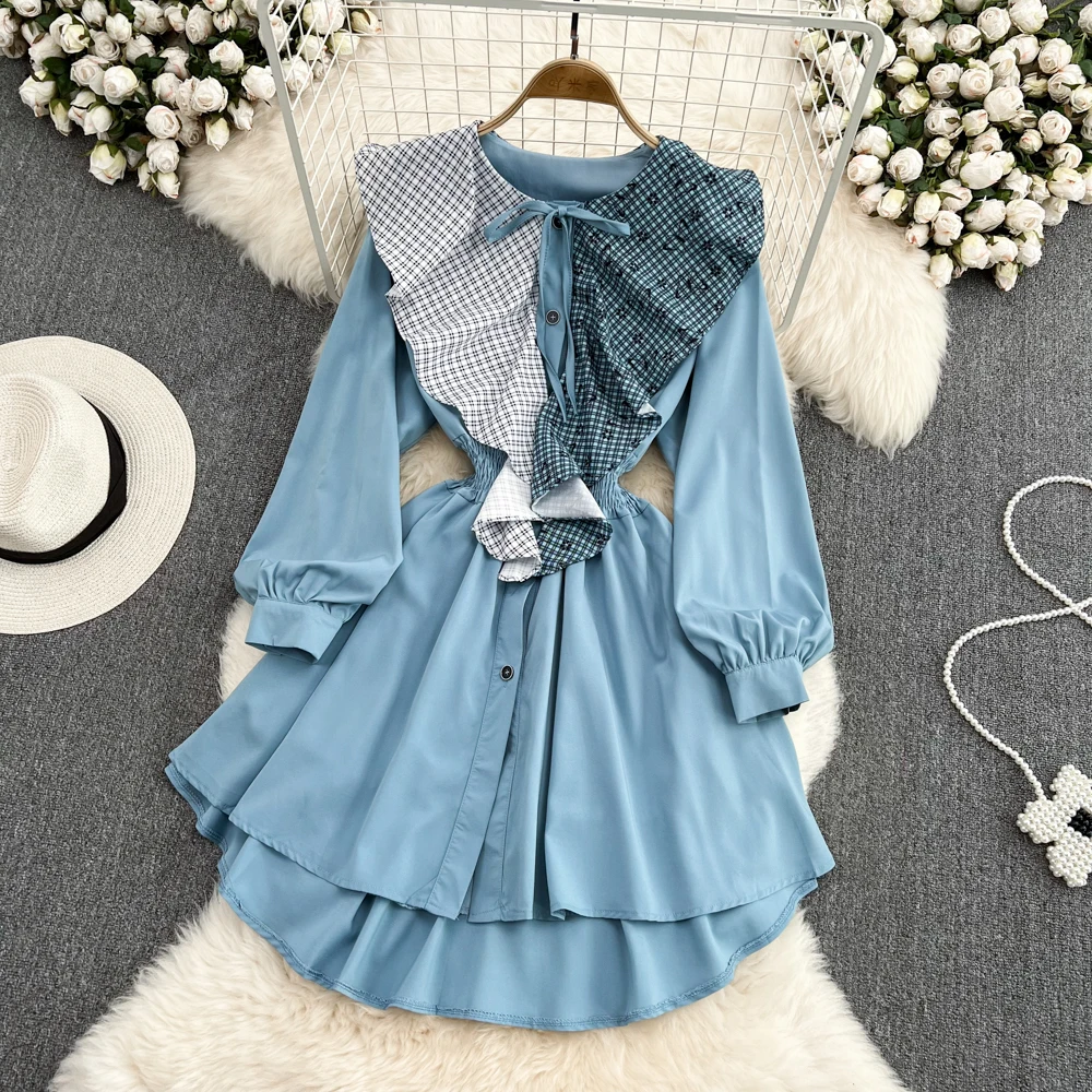 Retro Age-reducing Contrast Color Round Neck Lotus Leaf Lace Waist Slim Long Sleeve Single-breasted A-line Dress Women
Retro Age-reducing Contrast Color Round Neck Lotus Leaf Lace Waist Slim Long Sleeve Single-breasted A-line Dress Women