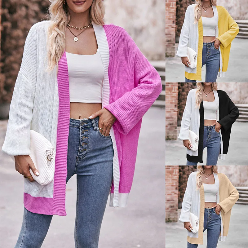 

2023 New Autumn and Winter Fashion Casual Patchwork Color Contrast Loose Commuting Women's Cardigan Shawl Mid Length Sweater