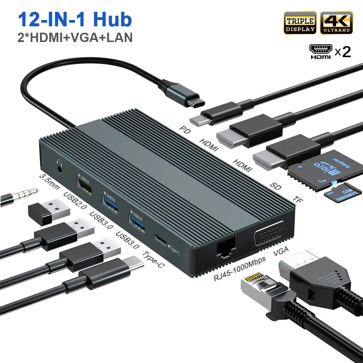 Dual Monitor USB C Hub Triple Display Docking Station with 2 HDMI VGA Gigabit Ethernet Type-C PD SD/TF 3.5mm Adapter for MacBook
Dual Monitor USB C Hub Triple Display Docking Station with 2 HDMI VGA Gigabit Ethernet Type-C PD SD/TF 3.5mm Adapter for MacBook