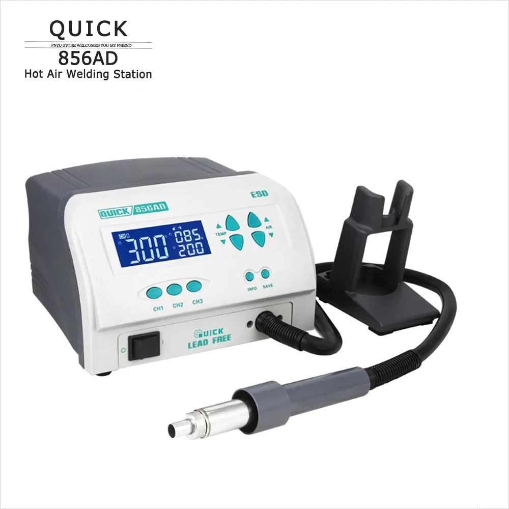 Сварочная станция горячим воздухом QUICK 856AD паяльная станция для деталей поверхностного монтажа SMD 1300 Вт бессвинцовый цифровой дисплей станция для распайки горячим воздухом
Сварочная станция горячим воздухом QUICK 856AD паяльная станция для деталей поверхностного монтажа SMD 1300 Вт бессвинцовый цифровой дисплей станция для распайки горячим воздухом